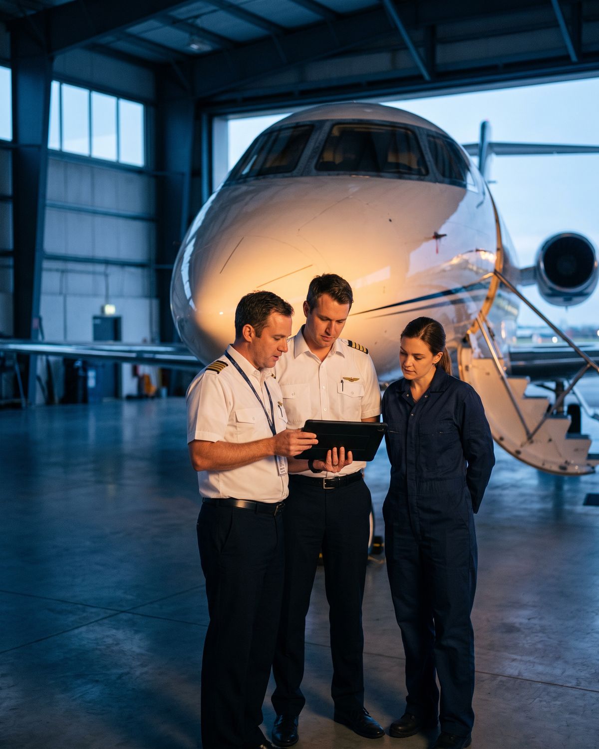 Two pilots and a technician reviewing a tablet in a hangar