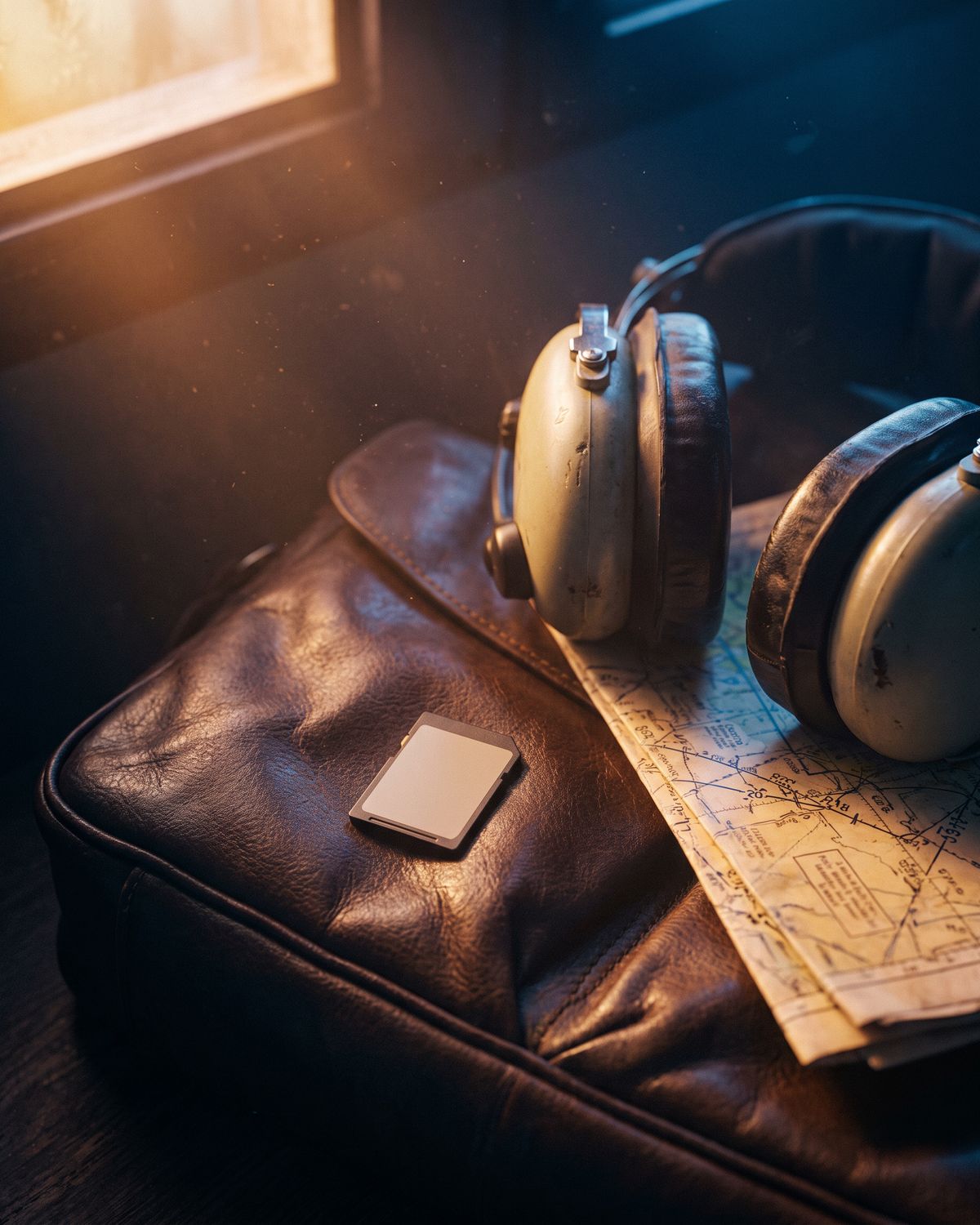 An SD card resting on a pilot's flight bag